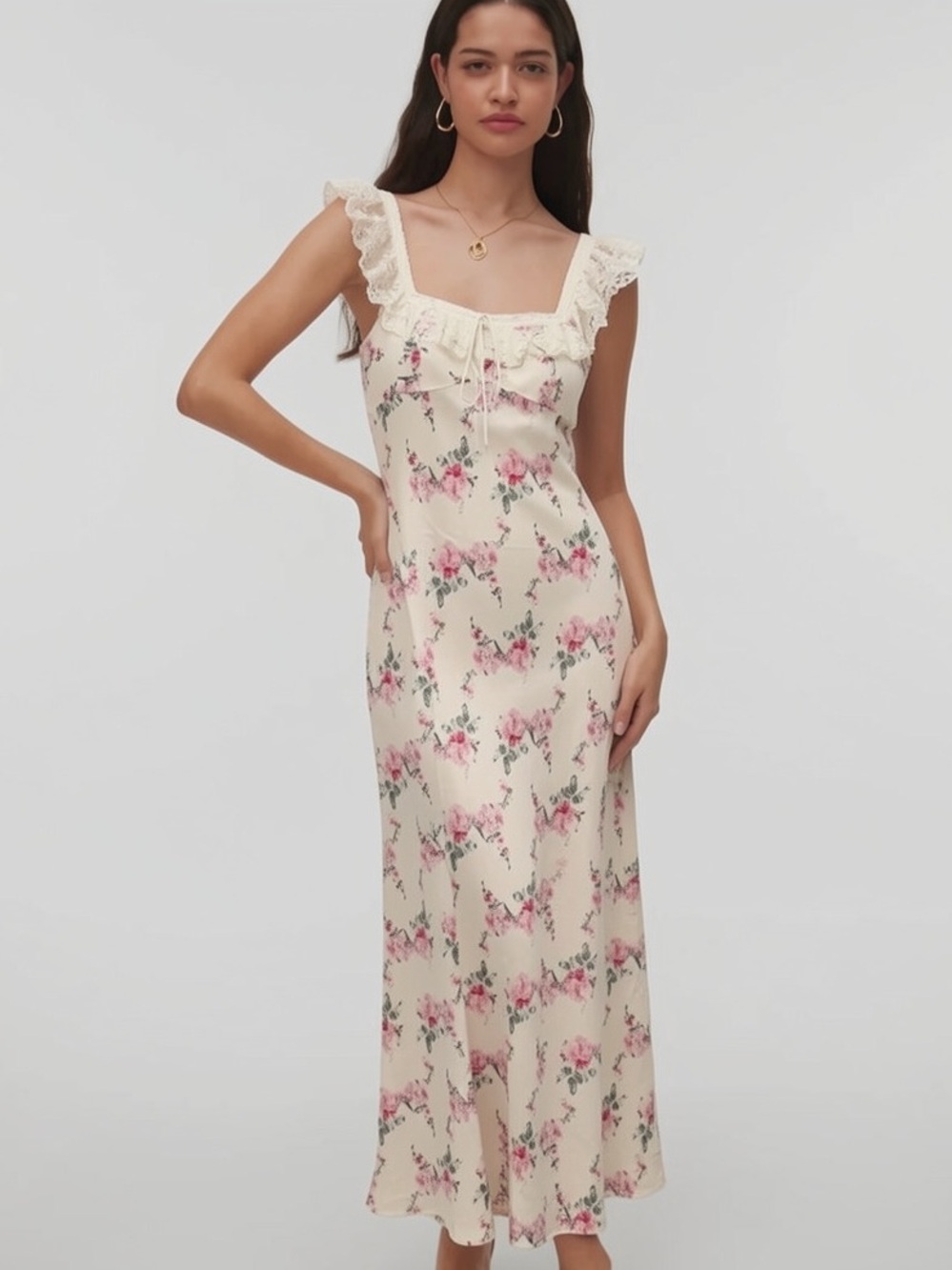 WAYF Lace Trim Slip Dress Romantic Ruffle Floral Cottagecore Coquette Milkmaid